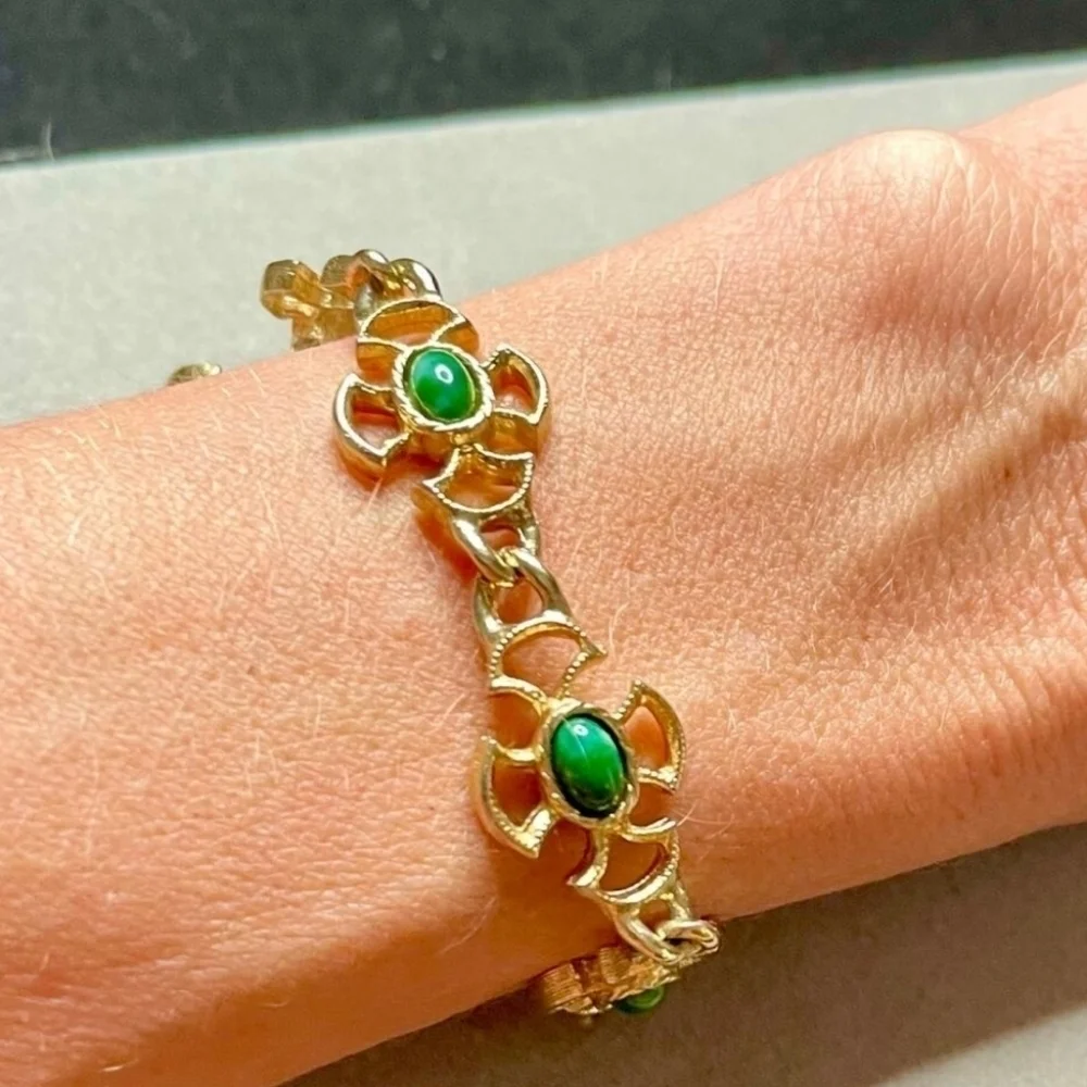 Vintage Avon 1973 Green Stone Faux Jade Bracelet, Baroness Cross